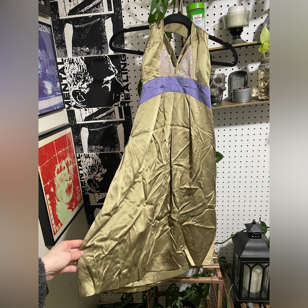 Nicole Miller Olive and Purple Halter Dress